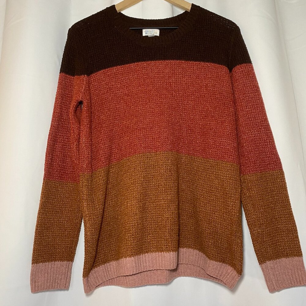 Market & Spruce Jackson Waffle Texture Sweater Womens L Brown Colorblock Preppy